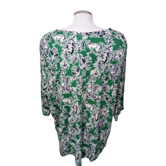 C & C California Womens Plus Size 2X Linen Top Green Tropical Print V Neck - Picture 3 of 6